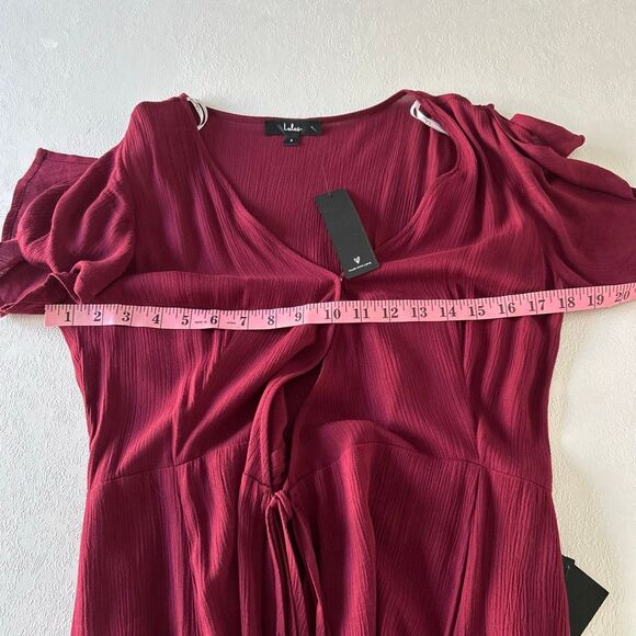 Lulus Burgundy Wide-Leg Jumpsuit NWT | Women’s Small | Flutter Sleeve Deep V - Picture 7 of 9